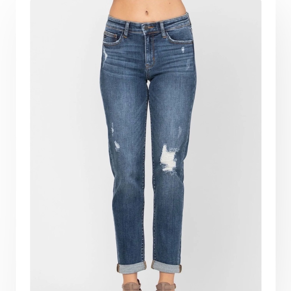 Judy Judy Blue Mid-Rise Destroyed Girlfriend Slim Fit Jeans Sz 7/28